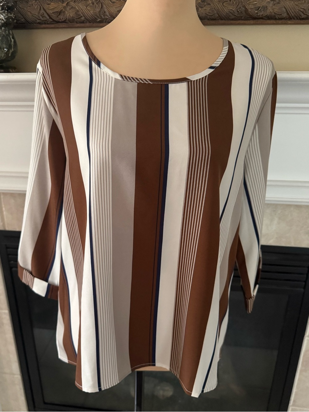 SHEIN Women's Work Blouse 3/4 Sleeve    Size XL Striped Cream Brown Khaki Navy